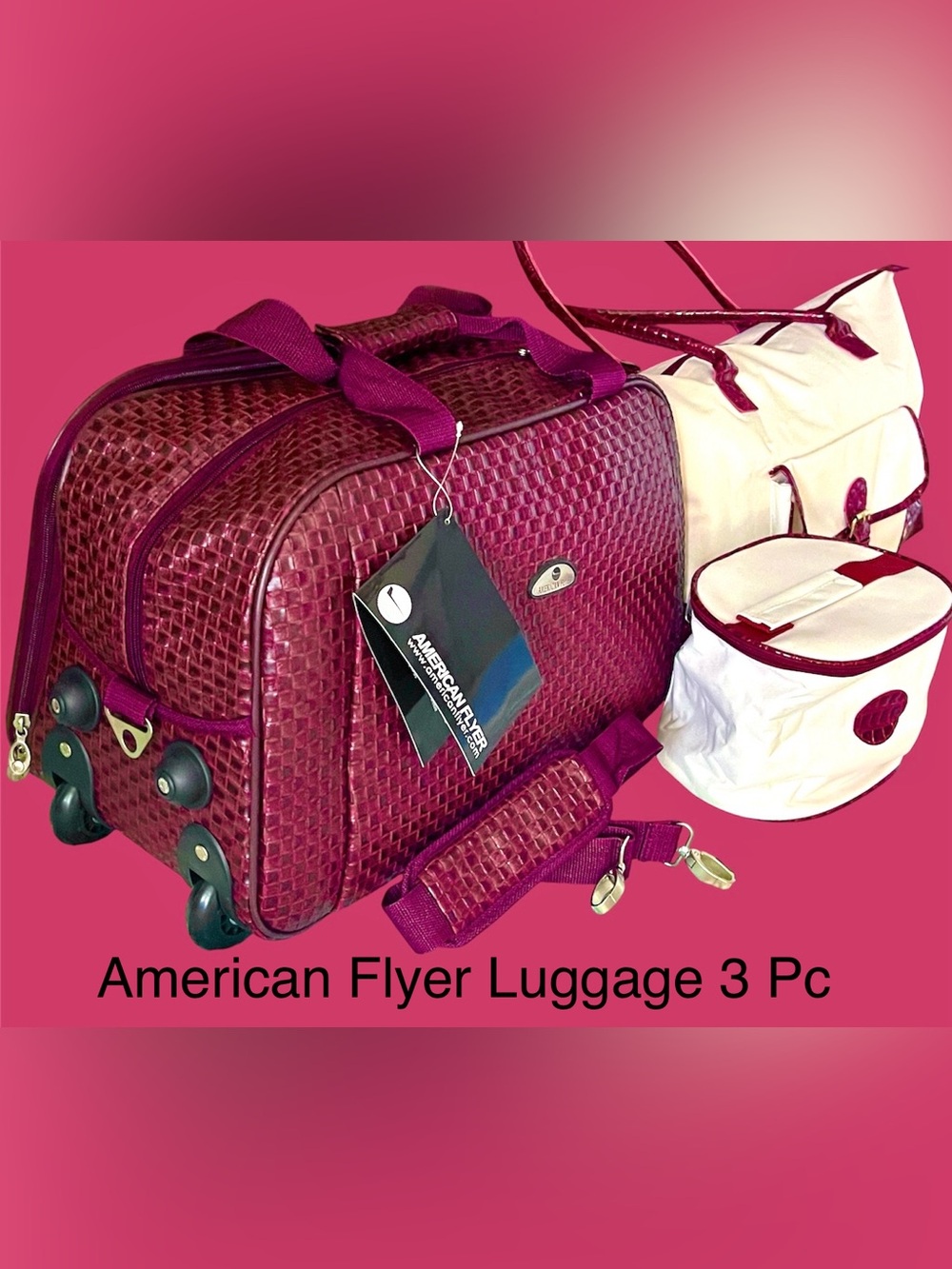 Travel 3Pc NWT RP$88 American Flyer Vegan Leather Rolling luggage/Tote/Cosmetic